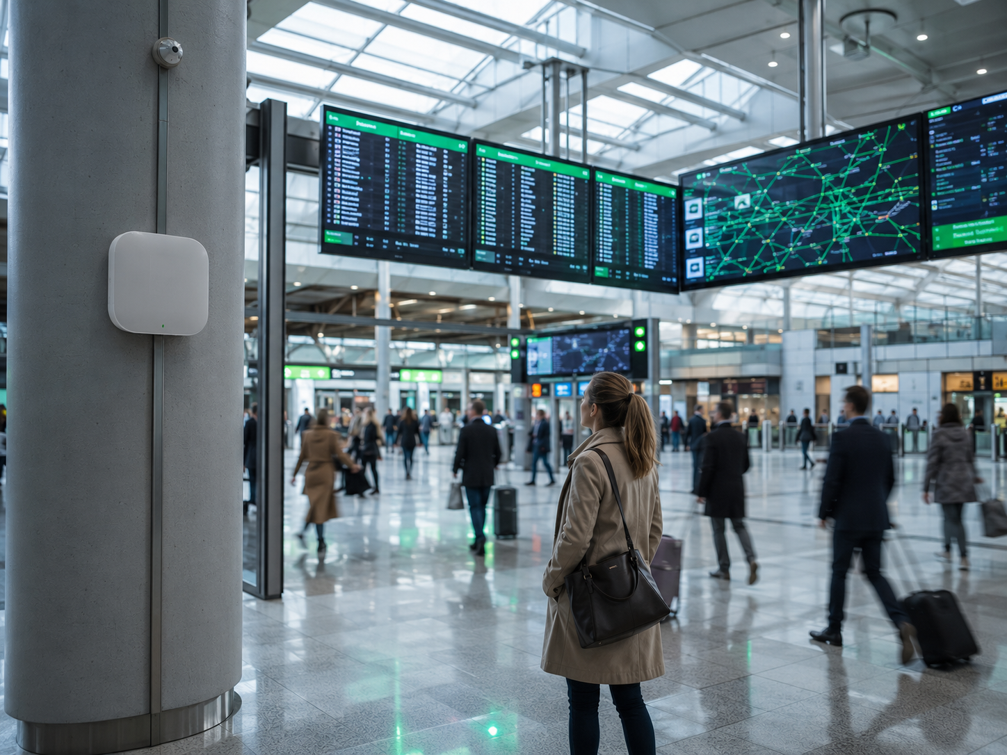 Passenger information screens and public address in a transit concourse